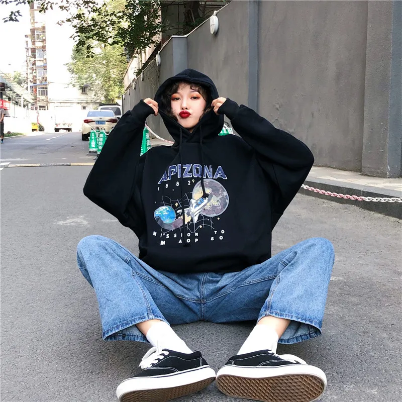 Paris Girl Women Loose Restore Star Airship Printing Black Thin Pullover O-neck Hoddie Sweatshirt Girls White Gray Hoodies