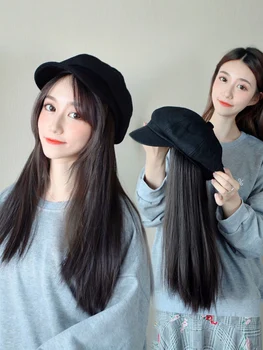 

wig hair hat cap holder Cap Hat connection wig women Long hair curly hair hat with wig yellow lady fashion Berets hat winter