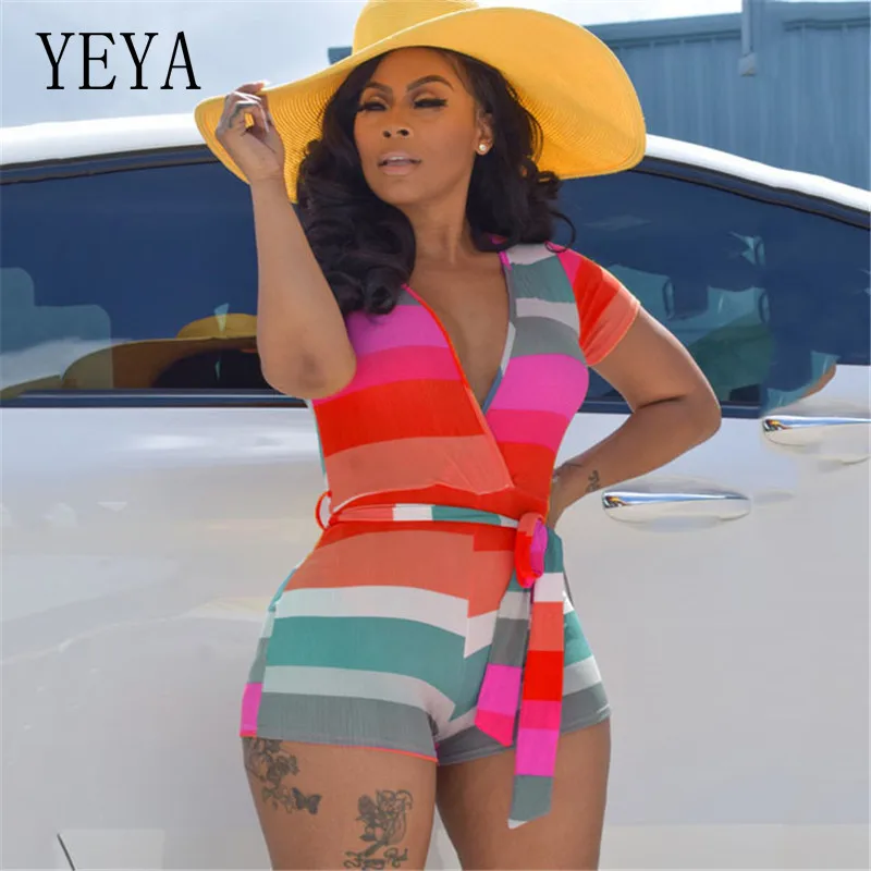 

YEYA Women V-neck Short Jumpsuits Fitness Sashes Striped Print Rompers Summer Skinny Bodysuits Sexy Night Club Party Playsuits