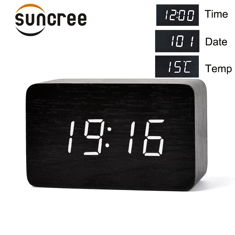 Suncree Modern Design Wooden Led Digital Alarm Clock Desktop Multi