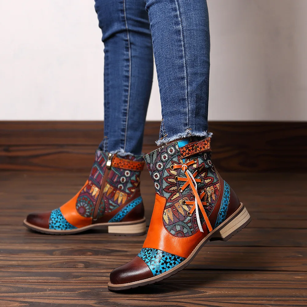 Gykaeo European and American Style Printing Genuine Leather Women Boots Ladies Fashion Plus Size Warm Shoes Botas Mujer Invierno