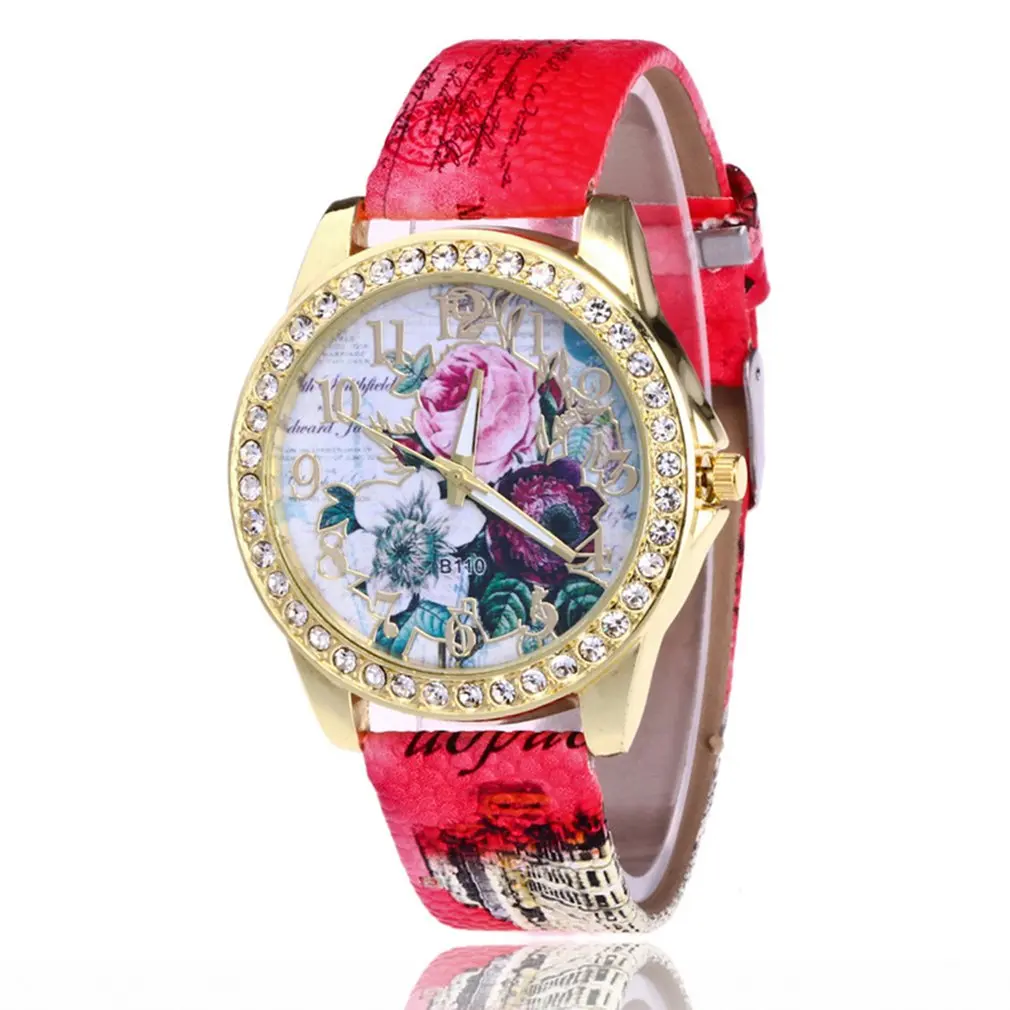 GENBOLI, модные женские наручные часы с браслетом, простые женские кожаные повседневные кварцевые часы с цветочным принтом, Прямая поставка
