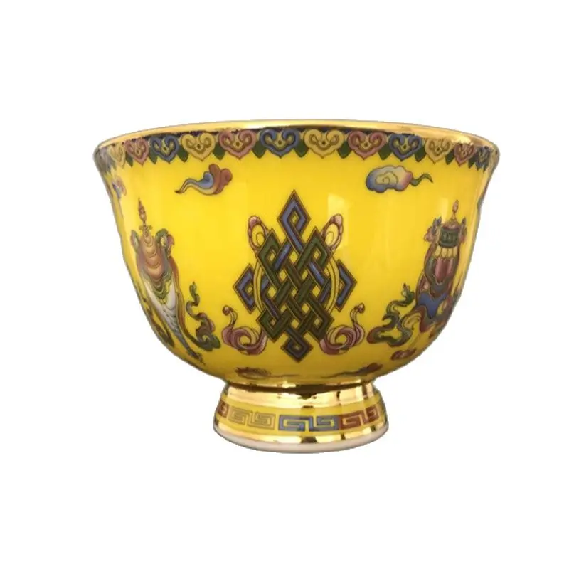 

Qing Dynasty Qianlong yellow color auspicious eight treasures tableware thin tire bowl antique pattern porcelain ornaments