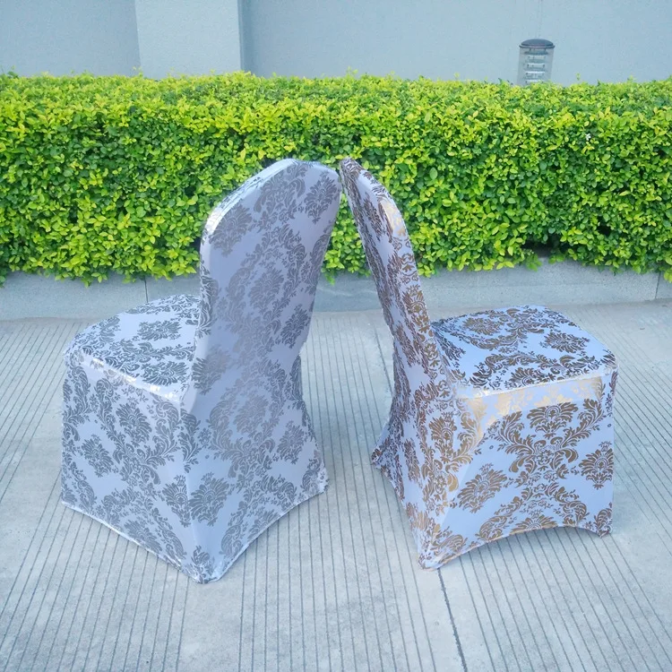 

Gold Silver Colour Print Chair Cover Pattern Lycra Chair Cover for Wedding Party Decoration Cheap Price Spandex Fit All Chairs