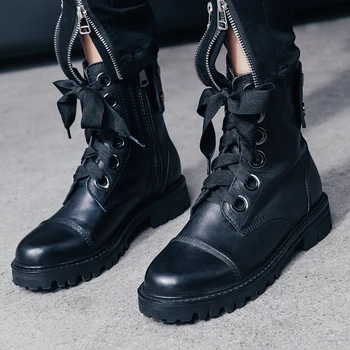 

Women's genuine leather lace-up flats martin boots rivet punk martin boots autumn comfortable short booties high quality shoes