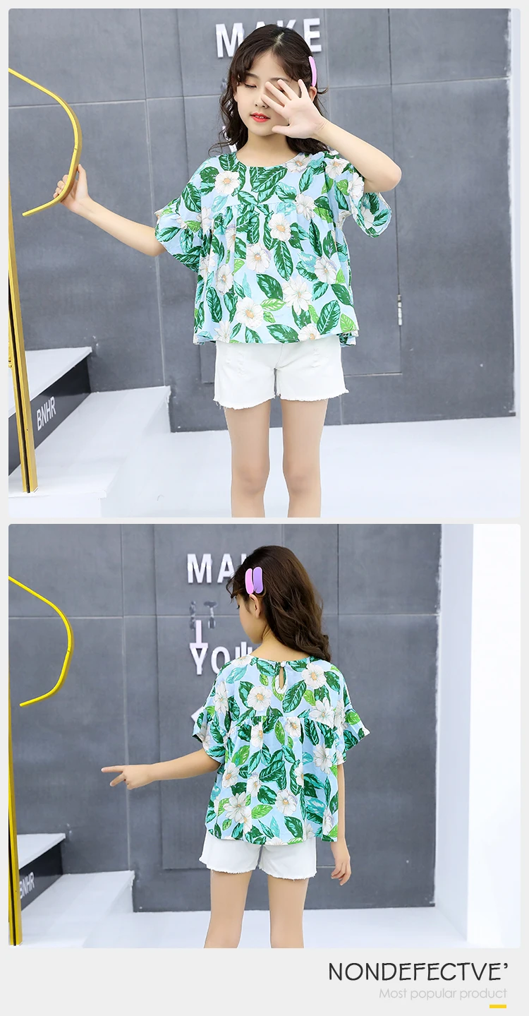 2 Piece Holiday Summer Outfit Kids Girls Green Floral And White Shorts Set 2Pcs Ruffled Outfits Tops Sweet Girl Clothing Set