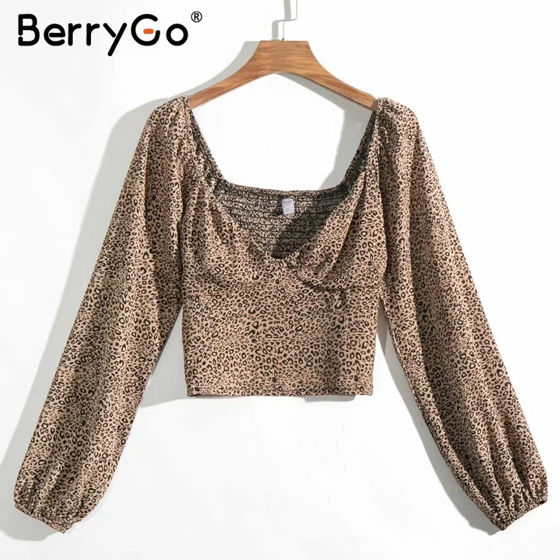 BerryGo, Ретро стиль, леопардовая расцветка, блузка, рубашка, женские плиссированные Короткие топы, рубашки, элегантные, с длинным рукавом, v-образный вырез, осенние женские топы