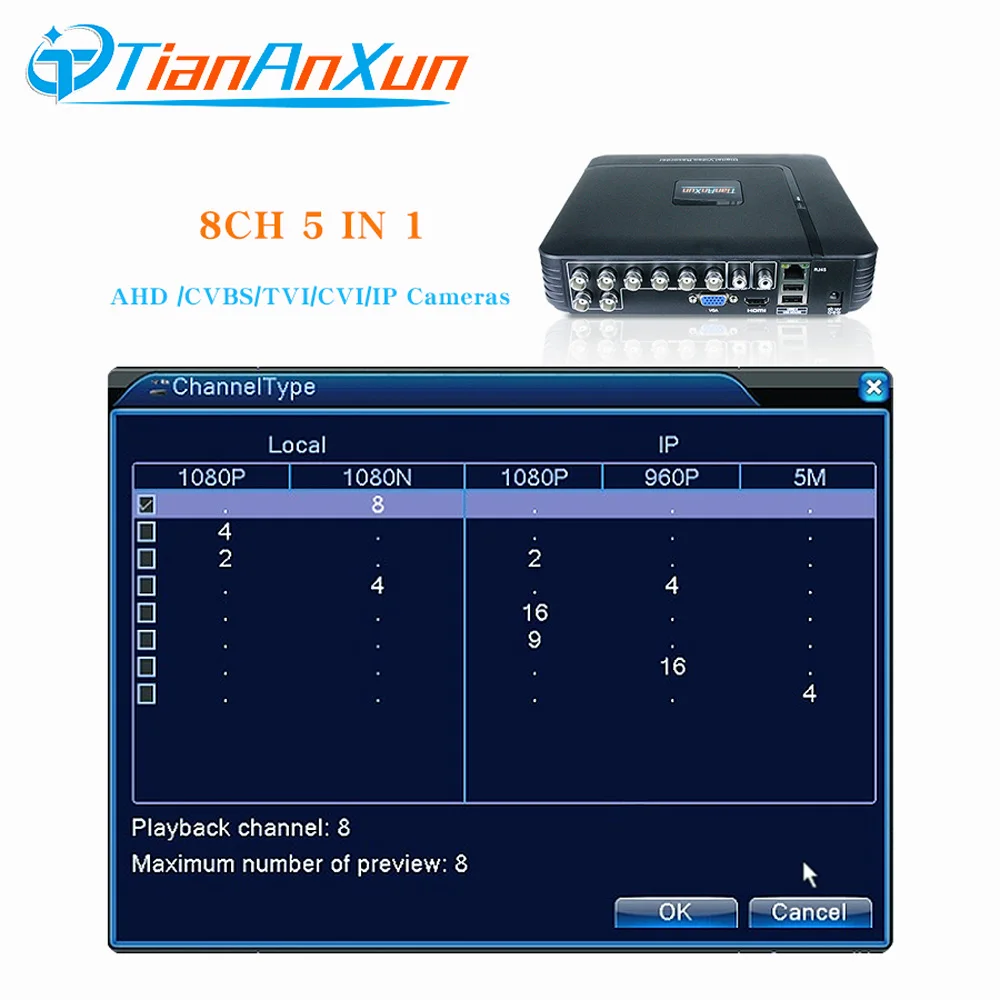 Tiananxun H.264 ahd DVR 8ch видео регистратор системы наблюдения 4Ch CCTV системы безопасности 1080N Гибридный мини dvr для аналоговой камеры Ip