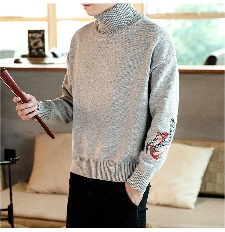 Zongke Carp Embroidery Turtleneck Men Sweater Turtle Neck Men Pullover Sweater Men Coat XXXL Autumn Winter Man Sweaters