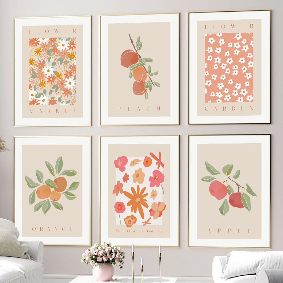 

Abstract Flowers Coral Orange Pear Apple Wall Art Canvas Painting Nordic Posters And Prints Wall Pictures For Living Room Decor