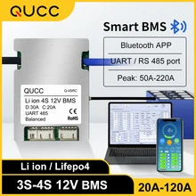 QUCC الذكية BMS 3S 12V 20A 30A 35A 60A 80A 100A 120A ليثيوم أيون Lifepo4 4S مع التوازن بلوتوث PC UART RS485 المعلمات قابل للتعديل