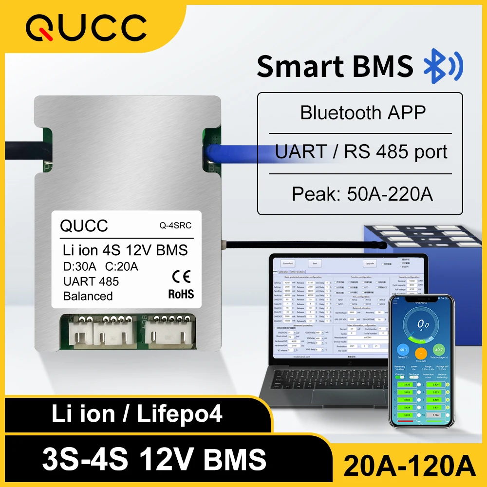 QUCC Smart BMS 3S 12V 20A 30A 35A 60A 80A 100A 120A Li ion Lifepo4 4S with Balance Bluetooth PC UART RS485 Adjustable Parameters