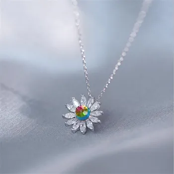 

New Creative Beautiful Gradient Rainbow Faceted Bead Crystal 925 Sterling Silver Jewelry Sun Flower Daisy Necklaces H568
