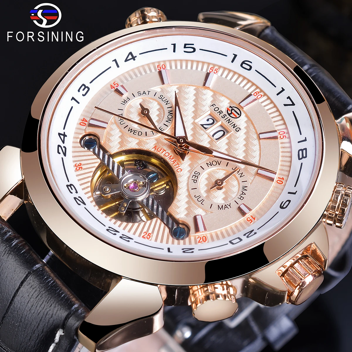 Forsining Rose Golden Tourbillon Мужские деловые часы Автоматические Большие Аналоговые часы с датой из натуральной кожи деловые спортивные часы Relogio