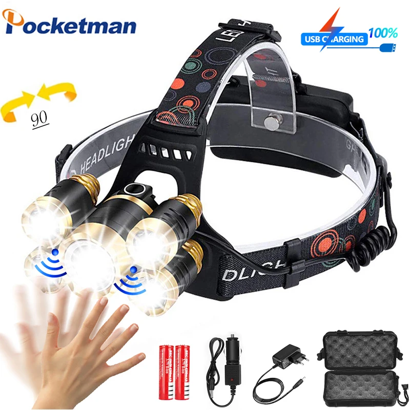 

60000Lm rechargeable Headlamp Sensor LED Headlight T6 Zoom High Power Lamp Waterproof LED Flashlight Torch Head light 18650