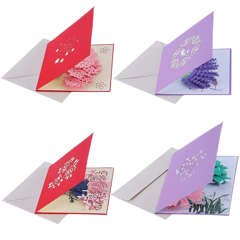 

Flowers Pop Up Cards, 4 Mix Bouquet 3D Greeting Card with Envelopes for Wedding Birthday Anniversary,Folds Flat for Mailing