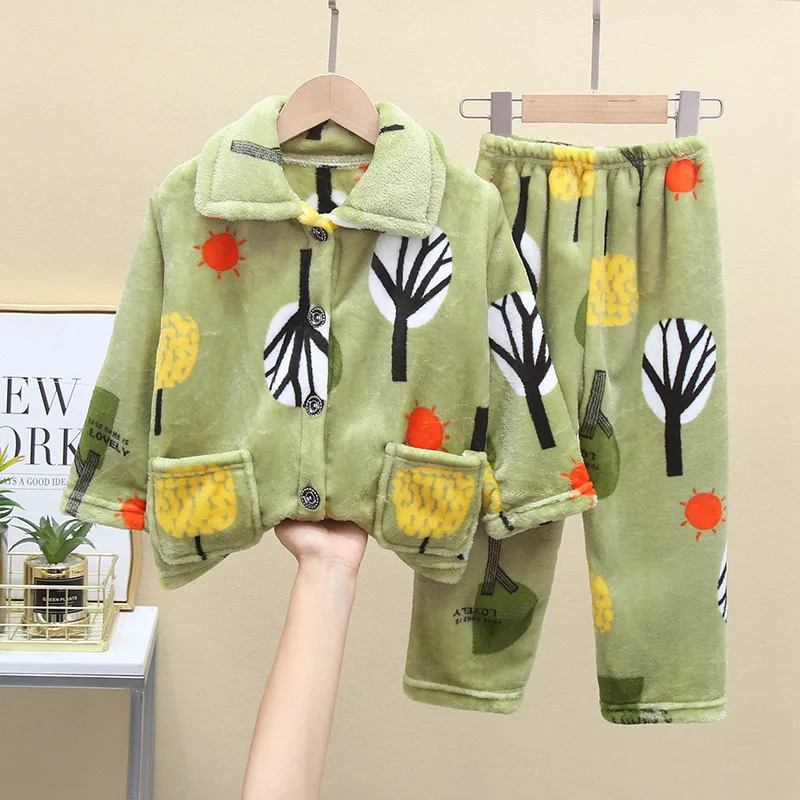 New 2021 Kids Boys Girls Autumn Winter Flannel Pajama Sets Cute Cartoon Long Sleeve Lapel Tops with Pants Sleeping Clothing Sets pajama sets cheap Sleepwear & Robes