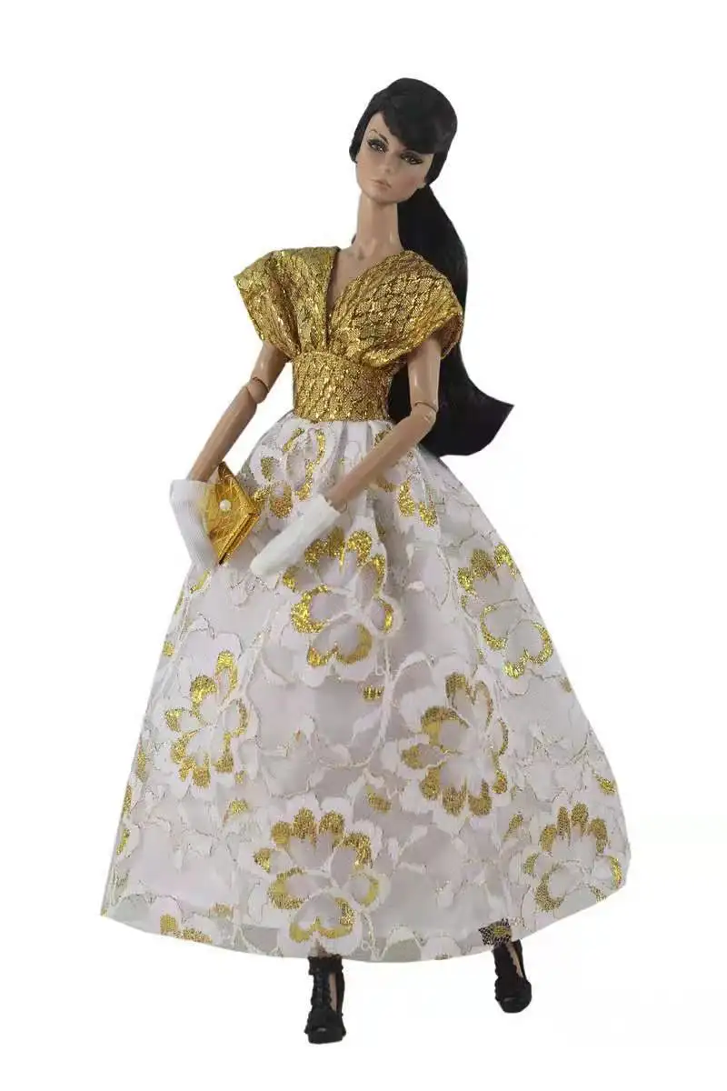 

Fashion 1/6 BJD Doll Clothes White Gold Wedding Dress for Barbie Accessories Dressing Up Outfit Princess Party Gown Kids DIY Toy