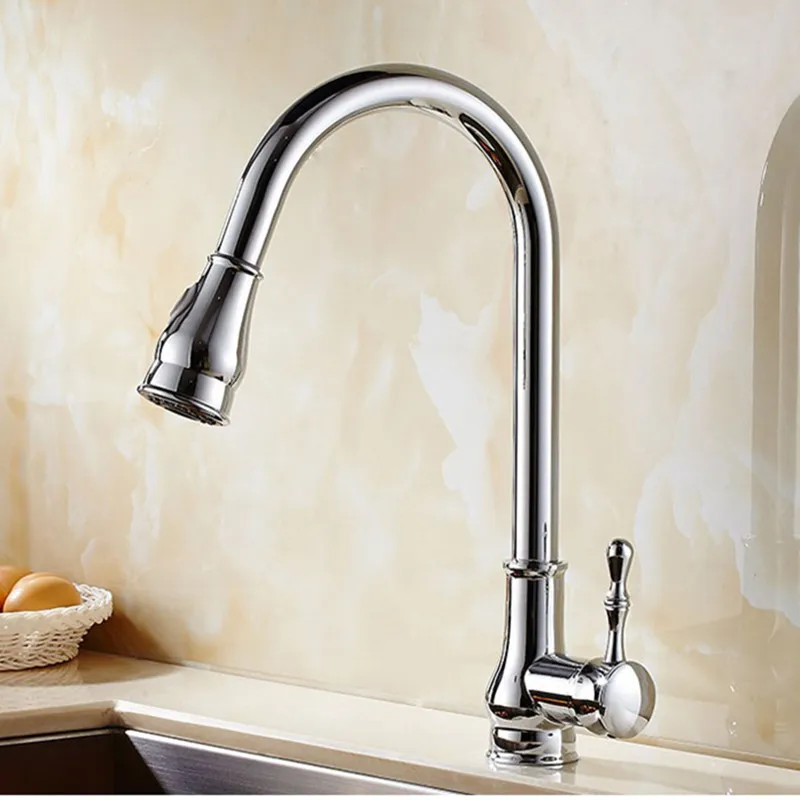 LIUYUE Kitchen Faucets Chrome Brass Classic Kitchen Faucet Pull Out Button Flush Two Exit Modes Cold Hot Water Sink Mixer Tap