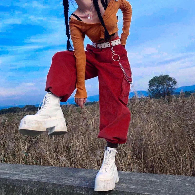 Women’s Ankle-Length Long Trousers High-waist Joggers Chain Decorated Slacks Pants Beam Feet Harajuku Streetwear Cargo Pants skorts