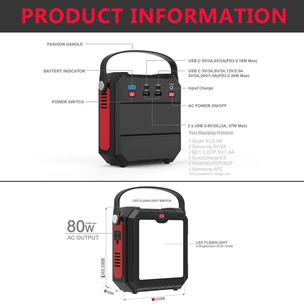 80W LCD Солнечный генератор питания инвертор открытый UPS источник PD3.0 хранение