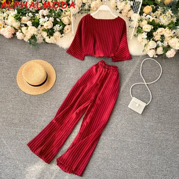 

ALPHALMODA OL Fashion Suit 2020 New Bat Sleeve Chiffon Shirt Retro Striped High Waist Wide Leg Pants Female Casual 2pcs Set