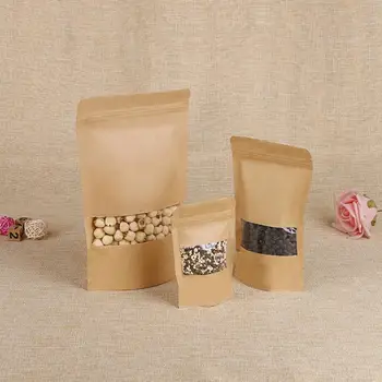 

Reusable Kraft Paper Bag with Frosted Window Stand Up Pouch Bag with Tear Notch Moisture Proof Packaging