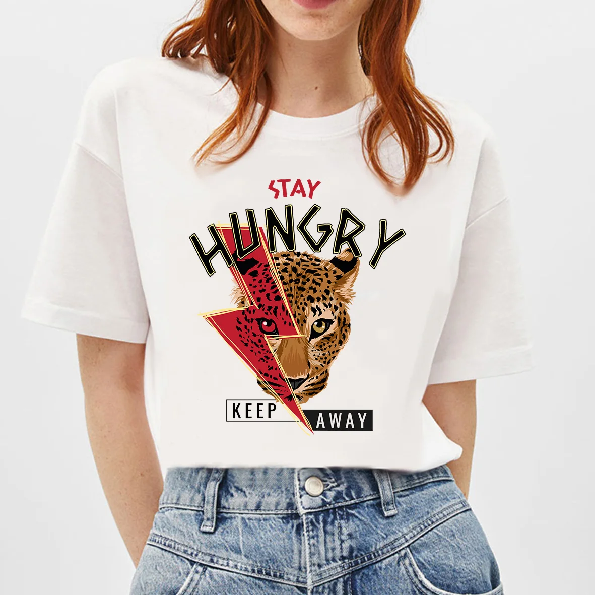 

BLINGPAW Stay Hungry Leopard Print T Shirt Aesthetic Anime Design Female Graphic Tops & Tees White Cotton Casual Tee Shirt Femme