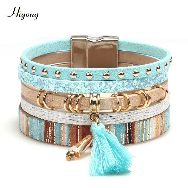

FASHION Bohemian Suede Leather Wrap Bracelet Boho Crystal Tassels MultiLayer Leather Bracelet Magnet Buckle Bangle for Women