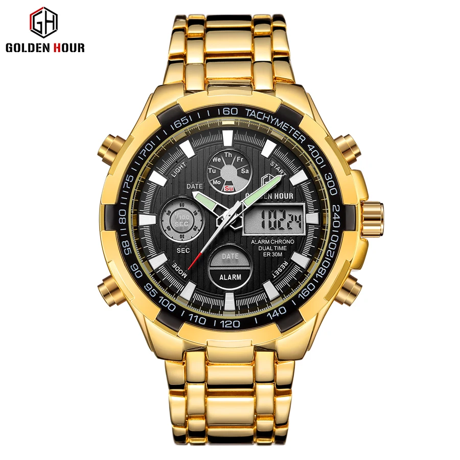 GOLDENHOUR Orologio sportivo da uomo al quarzo digitale analogico da uomo Orologio da polso in acciaio pieno_voghion.com