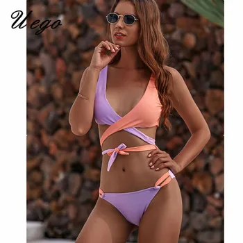 

Uego Sexy Bikini Set Patchwork Bandage Thong Bikinis Women Swimwear Swimsuit Push Up Beachwear Bathing Suit Bather Mujer Biquini
