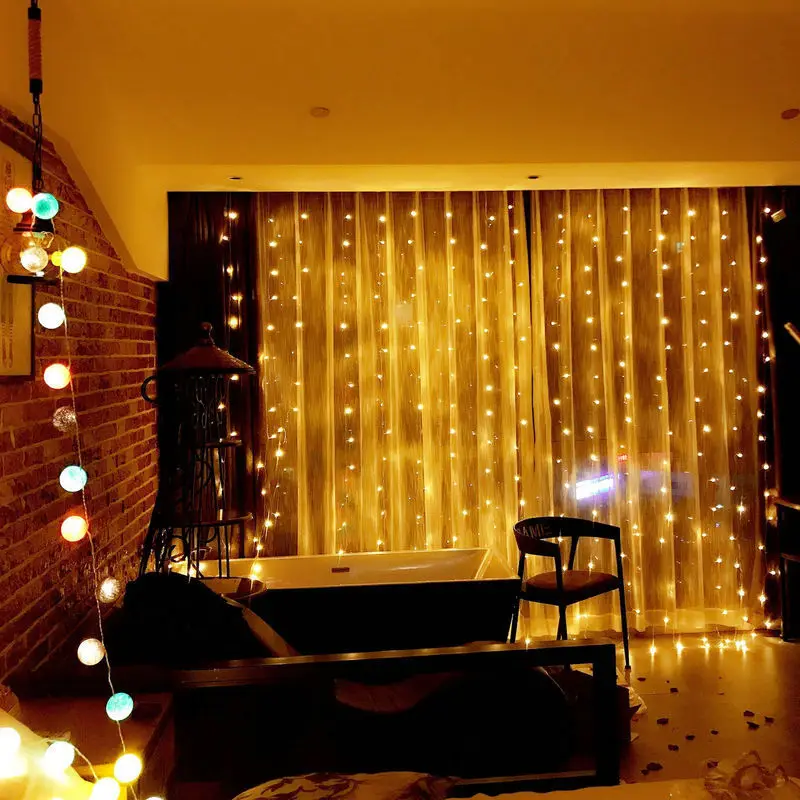 

3m*3m LED Curtain String Waterproof Light 304 Beads for Proposal Wedding Festival Home Decor 8-Flashing-Mode 4 Colors Extendable