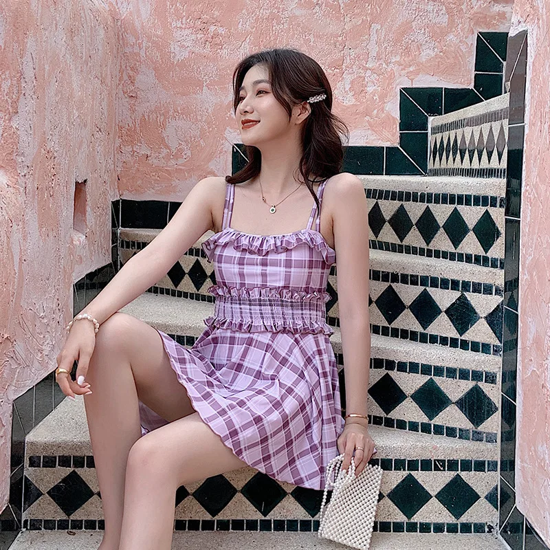 

One Piece Swimsuit Woman Swimwear With Push Up Swimming Suit For Women 2019 Shoulder Ancient Female Lace Plaid Polyester Sierra