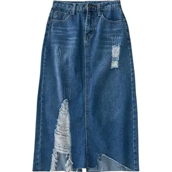 

Spring Autumn Korean Casual Fashion Hole Midi Denim Skirts female High Waist Split Irregular jean Skirt S-XL r1125