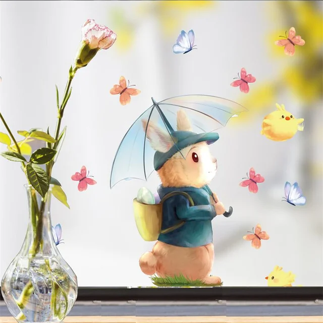 1Dcs Boldog Nyúl Fali Matricák A Gyerek Nappali Vásárlási Üveg Jelenet Ablak Elektrosztatikus 30*20 Cm Húsvéti Nap - Image 4