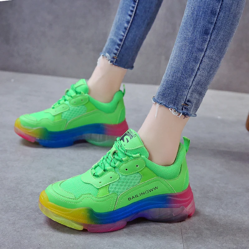 

2019 CrystaL women's chunky sneakers summer new breathable mesh rainbow sole fluorescent green lace dad shoes platform sneakers