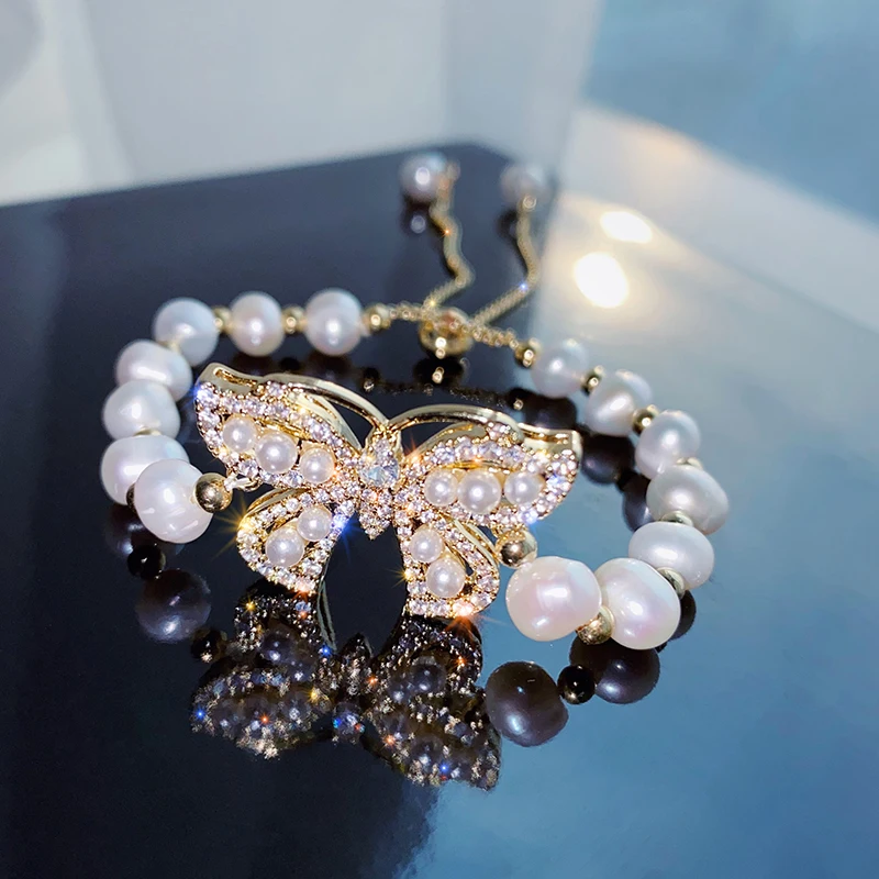 new design fashion jewelry high-end natural freshwater pearl crystal butterfly stretchable adjustable female bracelet