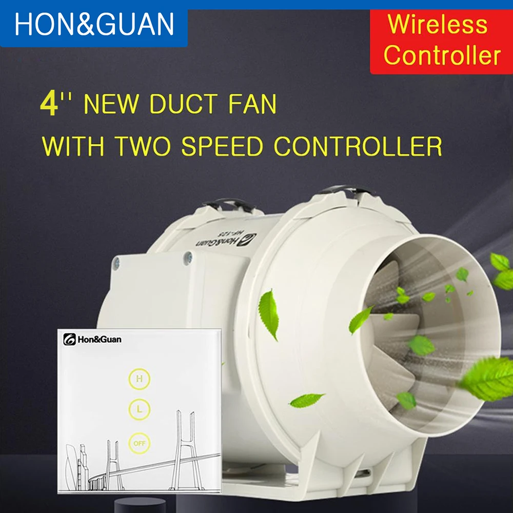 Hon&Guan 4'' 220V Silent Wireless Controller Inline Duct Fan Mixed Flow Smart Air Extractor For Bathroom Kitchen Ventilation new round exhaust fans home silent inline pipe duct fan bathroom extractor ventilation kitchen toilet wall air clean ventilator