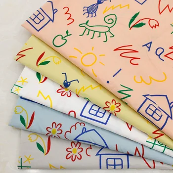 

160 * 100cm 2020 Spring and Summer New Hand Painting Lines Lovely Simple Cartoon Printed Plain Washed Cotton Fabric
