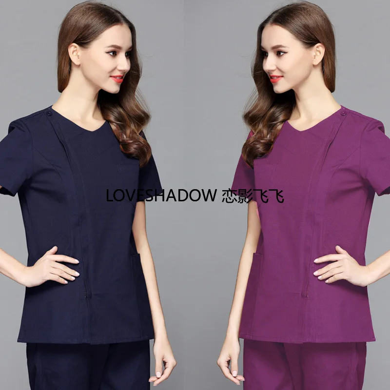 

Scrub Set Women Zipper Medical Uniforms Pure Cotton Short Sleeve Doctor Nurse SPA Clothing Side Opening Front Shirt Scrub Pants