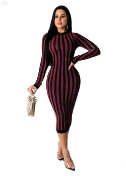 

2020 New Women Dresses Spring Midi Dress Long Sleeve Striped Print Bandage Stretch Sexy Dress Clubwear Sheath Silk Party Dresses