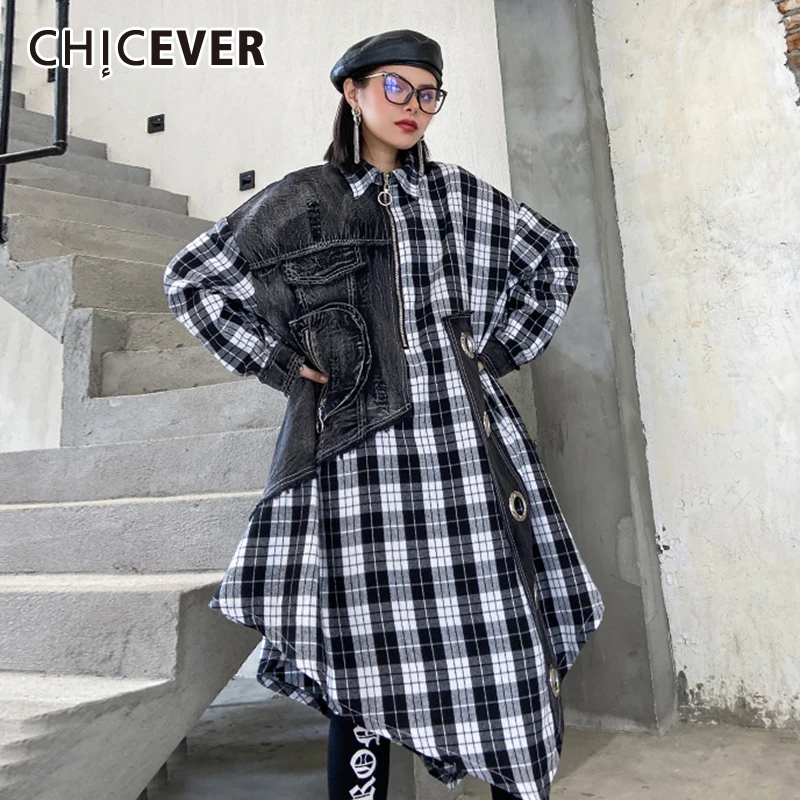 CHICEVER Patchwork Denim Shirt For Women Lapel
