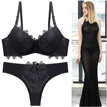 

Luxury Lingerie Femme 2020 Women's Thong Set Embroidery Underwear Push up Bra Set Women Lingerie Sexy Lace Bra And Panty Set