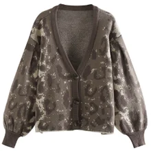 AGong однобортный свитер, женский модный жаккардовый свитер с v-образным вырезом, женский элегантный короткий свитер с пышными рукавами, Женский свитер JAE