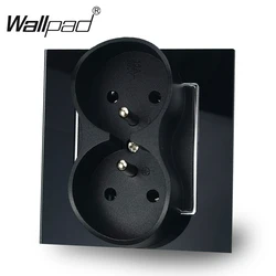 European Style Double French Socket, 16A, Wallpad White with Claws - Black Glass