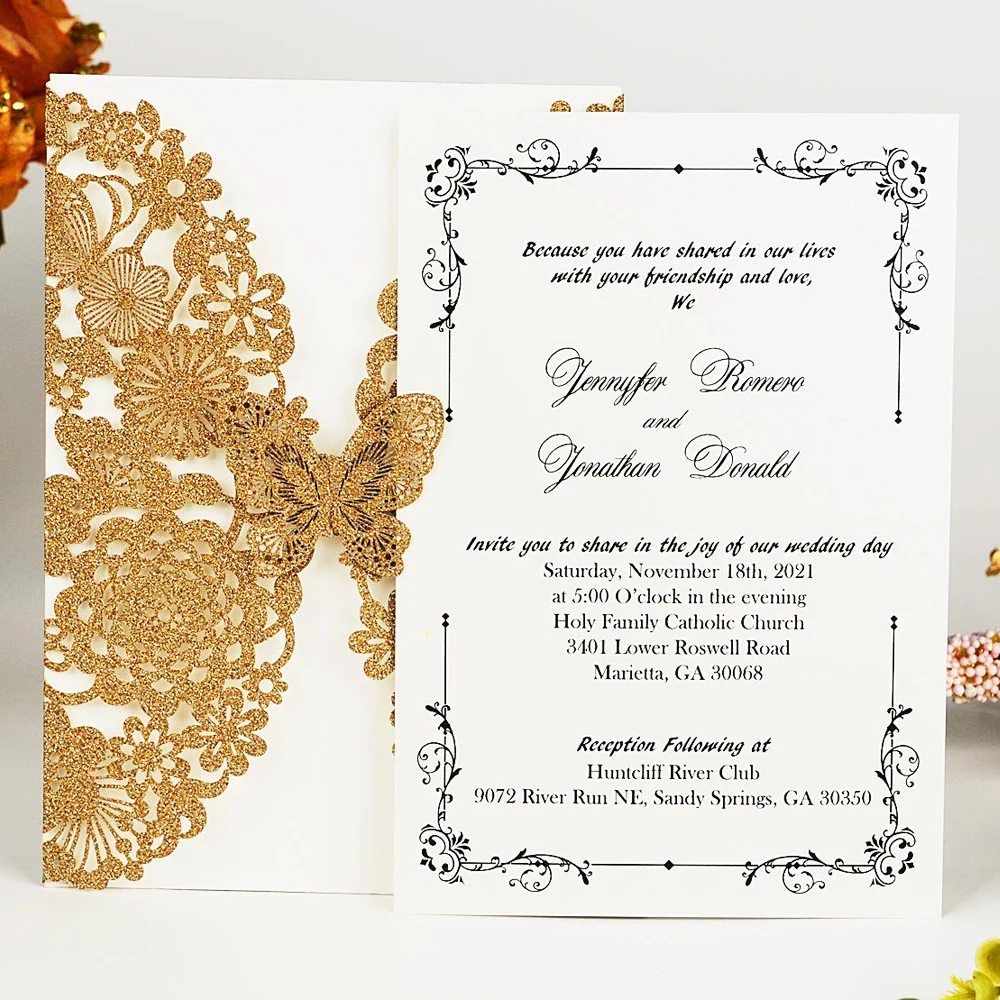  Wishmade 100pcs Lace Wedding Invitations Cards with Gold Glitter Laser Cut Butterfly for Bridal Sho - 4.00042E+12