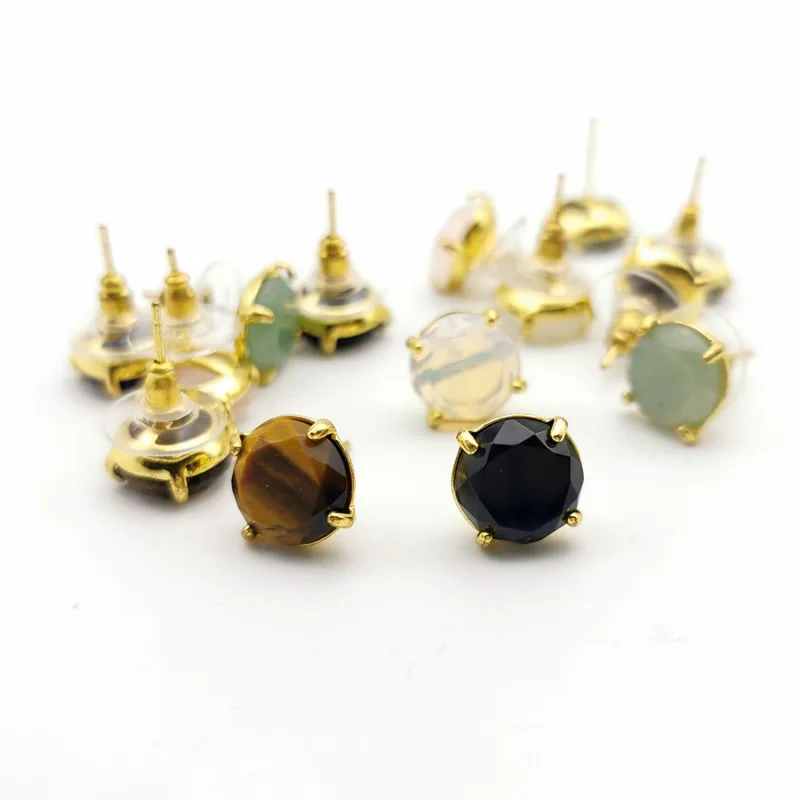 

Natural Stone Stud Earrings Round Pink Crystal Quartz Gem Beads Gold-Color Simple Earring for Women Girl Charm Jewelry