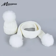 Милые помпоны из лисьего меха для детей и взрослых, зимняя шапка, шарф, комплект для девочек и мальчиков, вязаная шапка и шарф, комплект из 2 предметов, теплые шапки Skullies