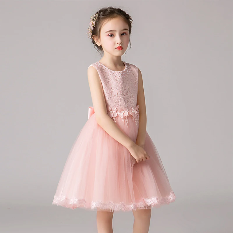 Pink Skyyue Beeding/платье с круглым вырезом и цветочным узором для девочек на свадьбу, без рукавов, фатиновые Детские праздничные платья Платье До Колена для причастия BX2823 - Цвет: Pink