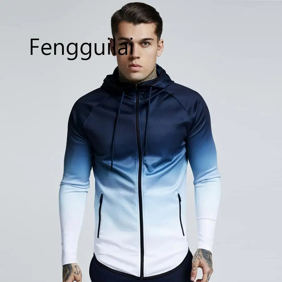 

Spring Men Jacket Fashion Gradient Color Thin Hooded Sweatshirt Mens Slim Zipper Cardigan Brand Outerwear Hoodies Streetwear Top